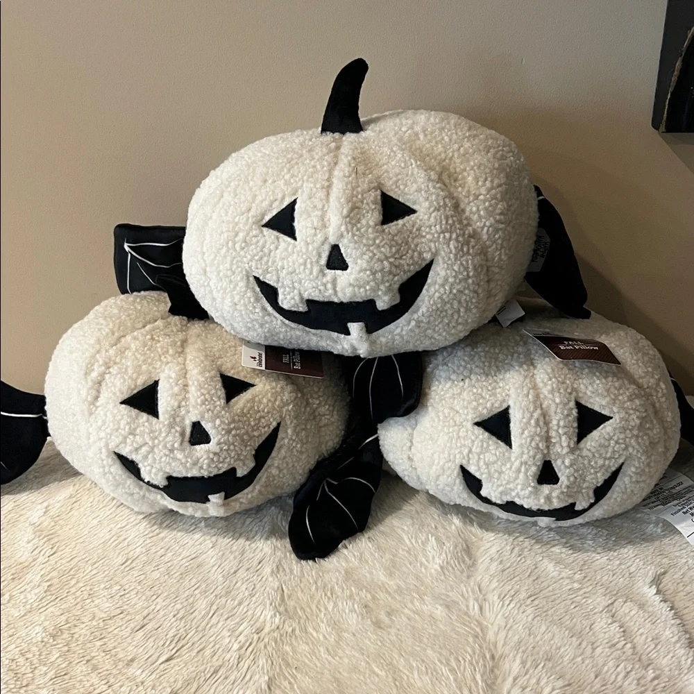 3 Halloween Fall White Sherpa Plush Pumpkin Bat Pillow